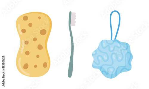 Body Scrubber or Shower Puff for Cleaning and Washing Skin and Toothbrush Vector Set