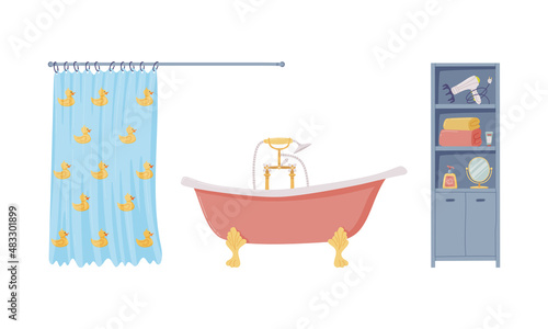 Shower Curtain on Shower Rod and Wooden Cabinet with Shelf Vector Set