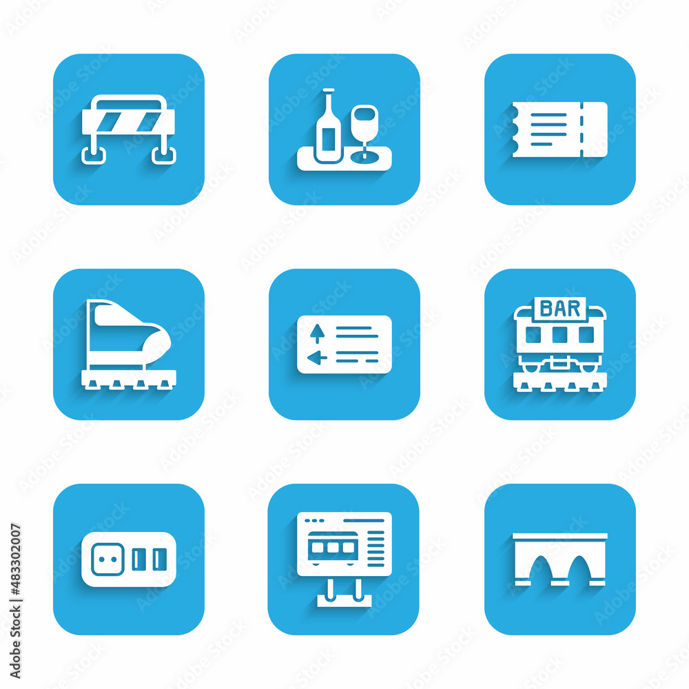 Set Road traffic signpost, Ticket office to buy tickets, Bridge for train, Restaurant, Electrical outlet, High-speed, Train and barrier icon. Vector Set Road traffic signpost, Ticket office to buy tickets, Bridge for train, Restaurant, Electrical outlet, High-speed, Train and barrier icon. Vector