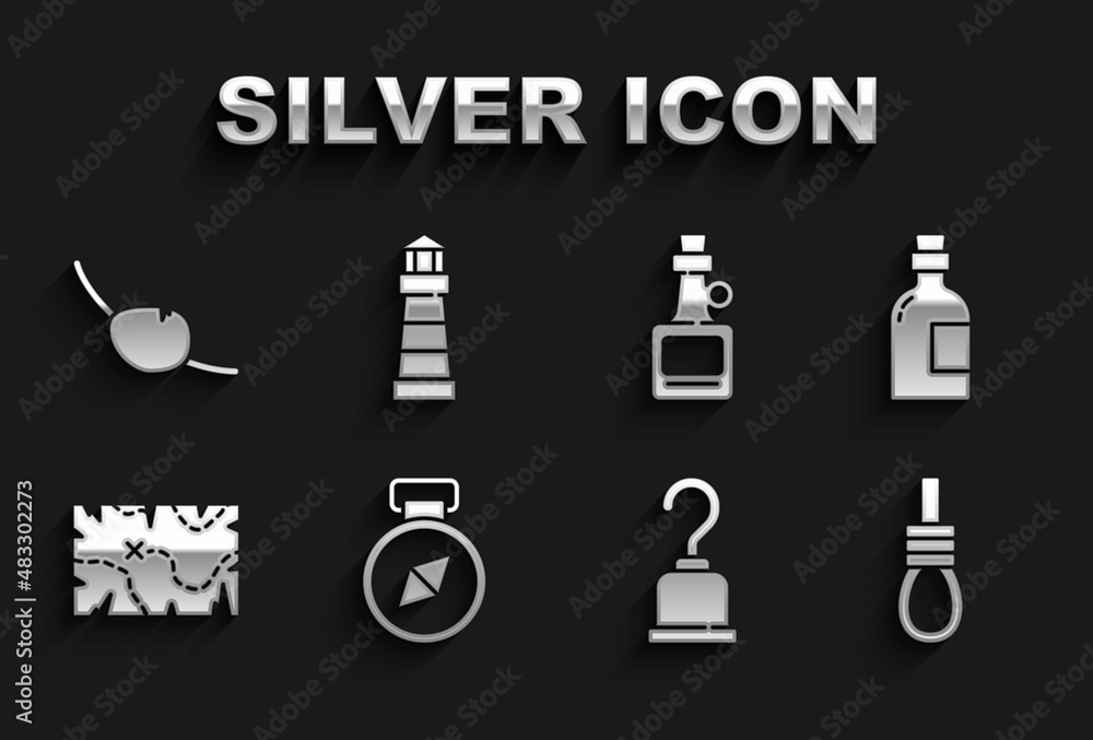 Set Compass, Alcohol drink Rum, Gallows rope loop hanging, Pirate hook, treasure map, eye patch and Lighthouse icon. Vector Set Compass, Alcohol drink Rum, Gallows rope loop hanging, Pirate hook, treasure map, eye patch and Lighthouse icon. Vector