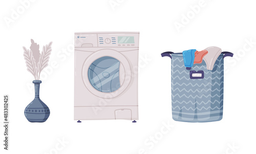 Washing Machine and Laundry Basket as Household Appliance for Laundry Vector Set