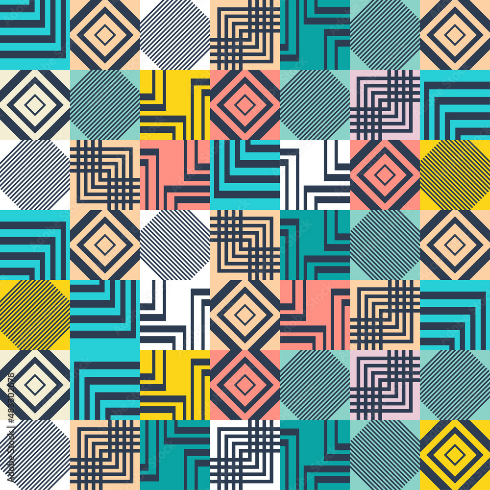 Obraz premium geometric background design. new pattern geometrical shapes with colorist style, yellow, blue, cream, pink. useful for Voucher, Posters, Flyers and Banner Designs, geometrical wallpaper, textiles