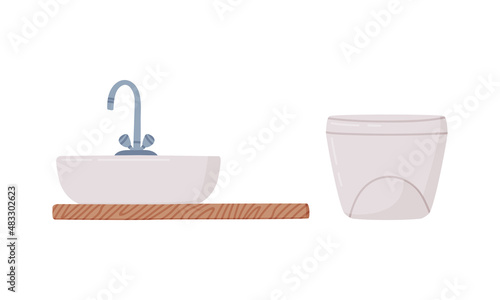 Toilet Bowl or Bidet and Sink with Tap as Bathroom or Washroom Interior Object Vector Set