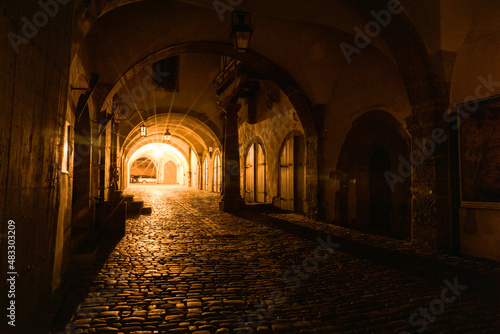 Rothenburg ob der Tauber at night long exposure through a dark alley