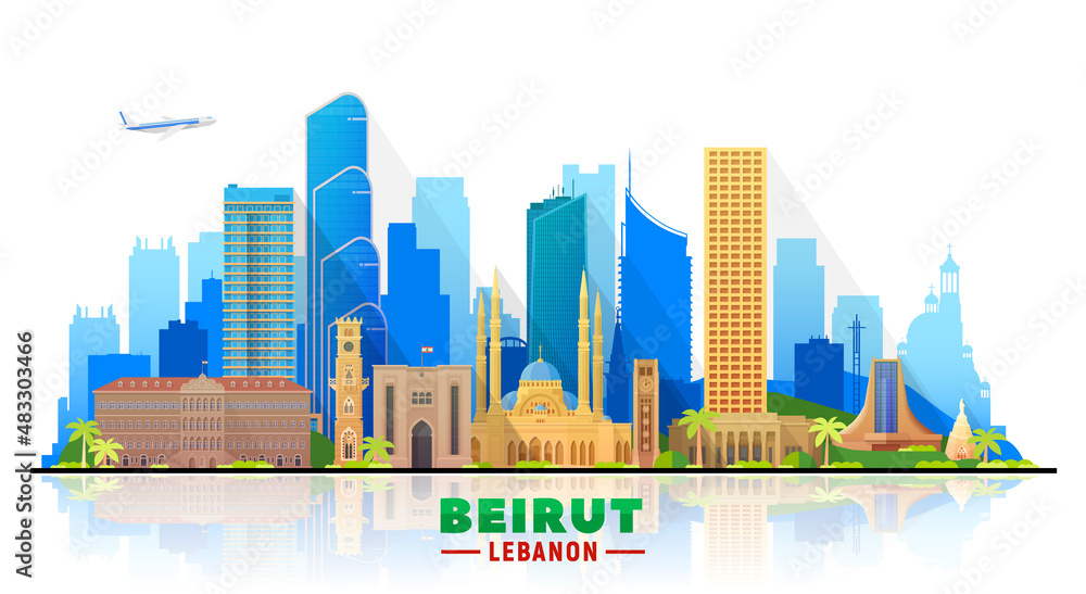 Beirut Lebanon skyline with panorama in sky background. Vector Illustration. Business travel and tourism concept with modern buildings. Image for banner or website.