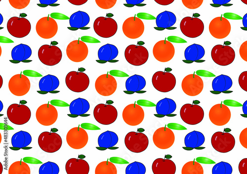 Fototapeta Naklejka Na Ścianę i Meble -  fruit seamless pattern plum orange red apple white background