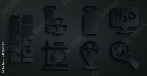 Set Radioactive in location, Chemical formula for H2O, Test tube flask stand, Microorganisms under magnifier, and radiation icon. Vector