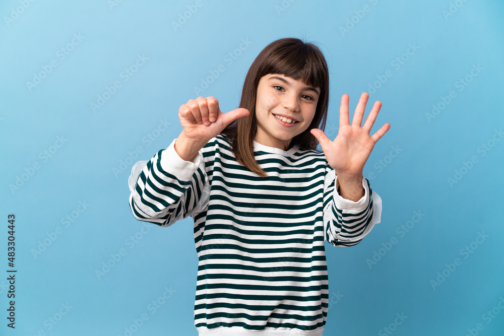 Little girl over isolated background counting six with fingers Little girl over isolated background counting six with fingers