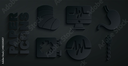 Set Heart rate, Human stomach, Medical symbol of the Emergency, Sperm, Monitor with cardiogram and Gypsum icon. Vector