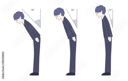 スーツで15°、30°、45°のお辞儀をする男性
