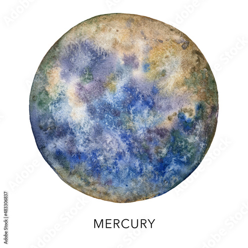Watercolor abstract Mercury planet. Hand painted satellite isolated on white background. Minimalistic space illustration for design, print, fabric or background.