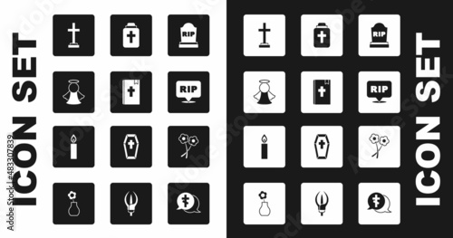 Set Tombstone with RIP written, Holy bible book, Angel, Grave cross, Speech bubble rip death, Funeral urn, Flower and Burning candle icon. Vector