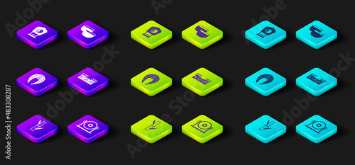 Set Bamboo, Gong, Fish steak, Great wall of China, Chinese ceremony and paper lantern icon. Vector