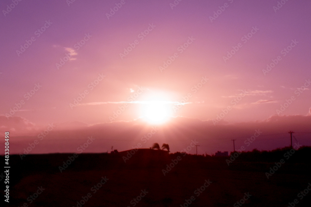 Countryside landscape with purple morning sunlight sky background.