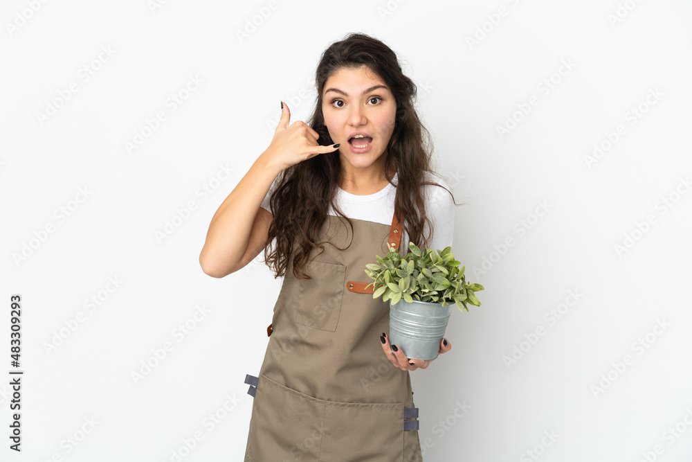 Young Russian gardener girl holding a plant isolated making phone gesture. Call me back sign Young Russian gardener girl holding a plant isolated making phone gesture. Call me back sign
