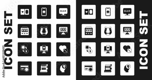 Set Alcohol bar location, Horseshoe, Slot machine with jackpot, Deck of playing cards, Online slot, poker table game, Game dice and Casino chips exchange money icon. Vector