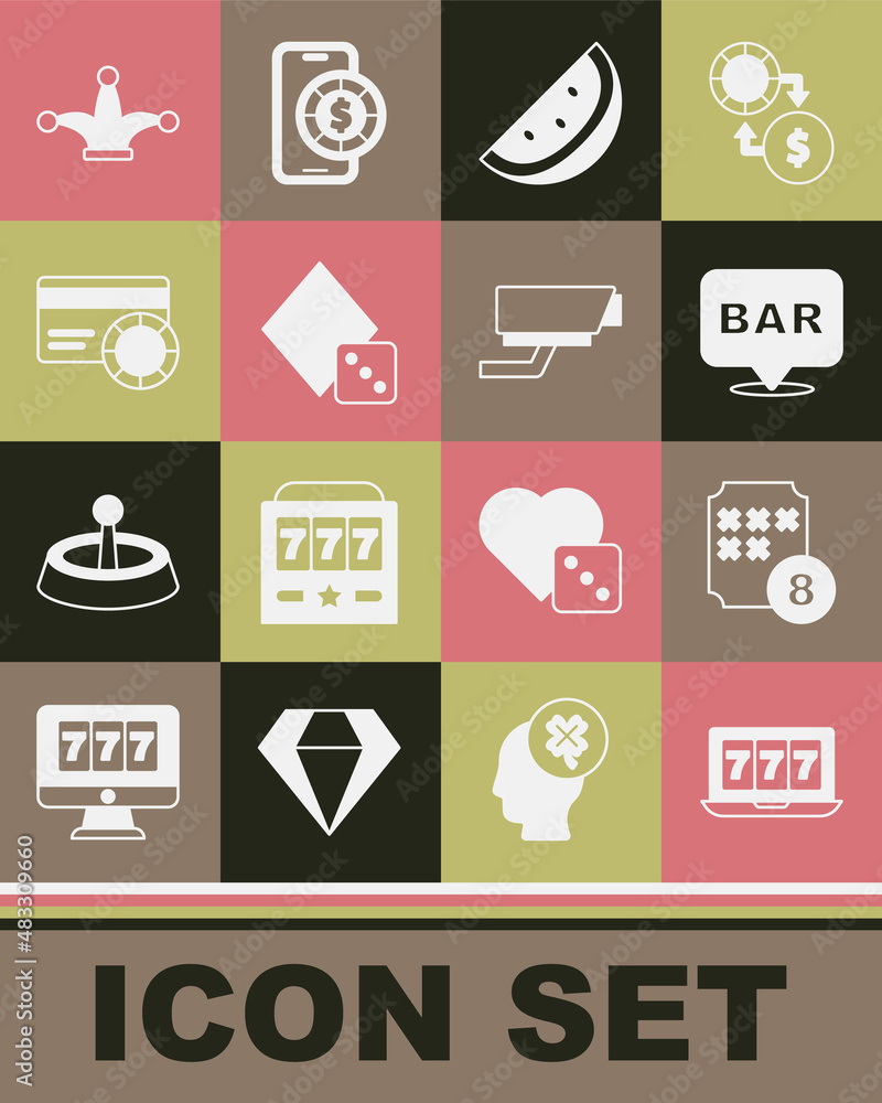 Set Online slot machine with jackpot, Lottery ball on bingo card, Alcohol bar location, Casino watermelon, Game dice, Credit, Joker playing and Security camera icon. Vector Set Online slot machine with jackpot, Lottery ball on bingo card, Alcohol bar location, Casino watermelon, Game dice, Credit, Joker playing and Security camera icon. Vector