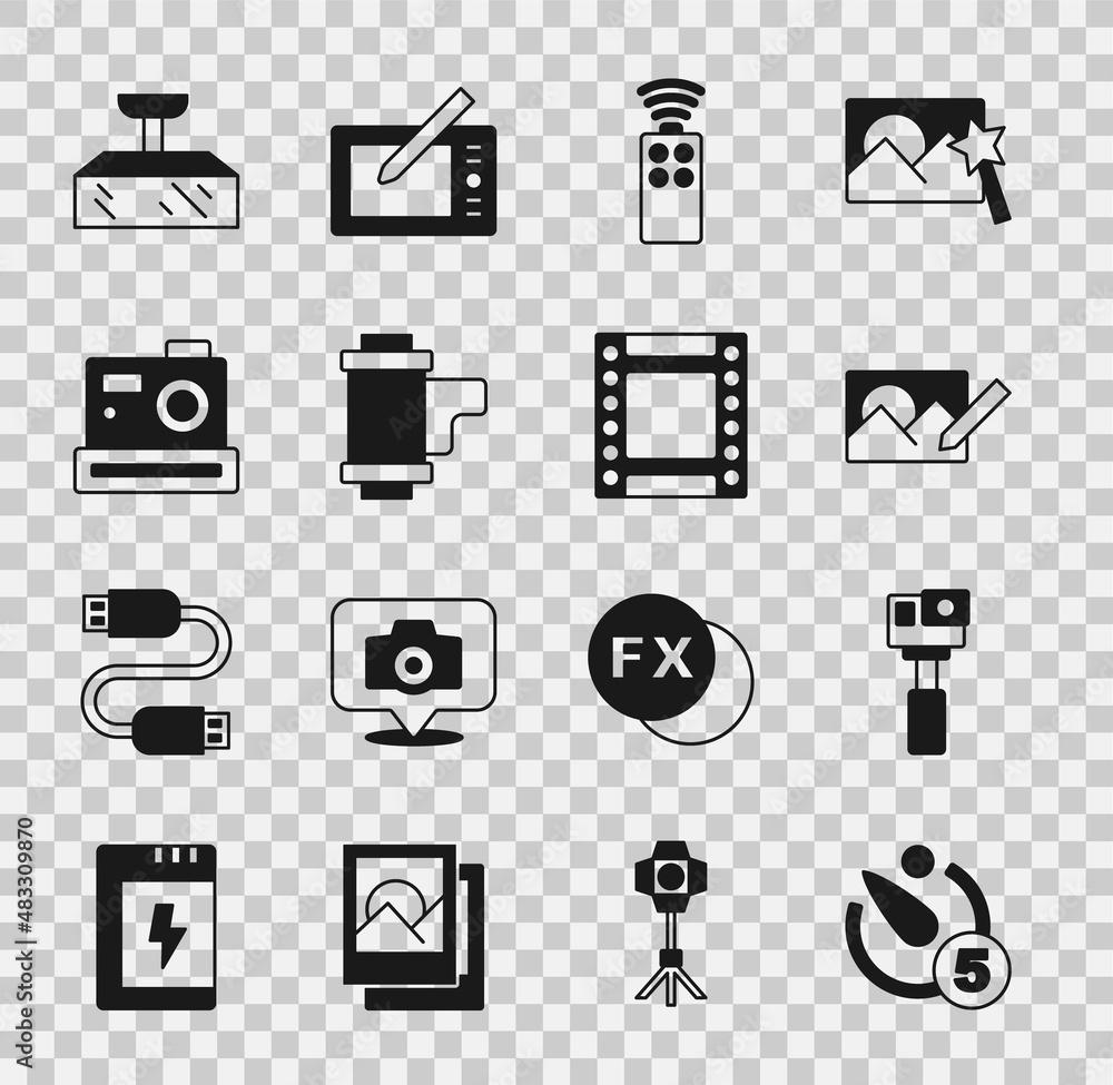 Set Camera timer, Action camera, Photo retouching, Remote control for, roll cartridge, Softbox light and icon. Vector Set Camera timer, Action camera, Photo retouching, Remote control for, roll cartridge, Softbox light and icon. Vector