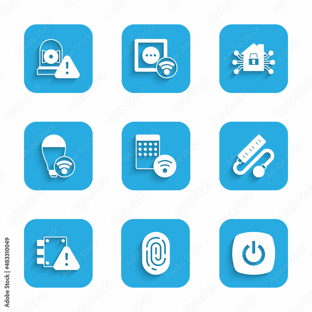Set Air humidifier, Fingerprint, Smart home, Electric extension cord, House under protection, light bulb, and Ringing alarm bell icon. Vector Set Air humidifier, Fingerprint, Smart home, Electric extension cord, House under protection, light bulb, and Ringing alarm bell icon. Vector