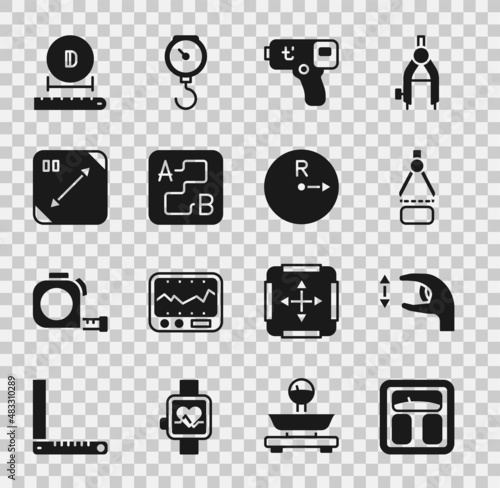 Set Bathroom scales, Approximate measurements, Drawing compass, Digital thermometer, Route location, Diagonal measuring, Diameter and Radius icon. Vector