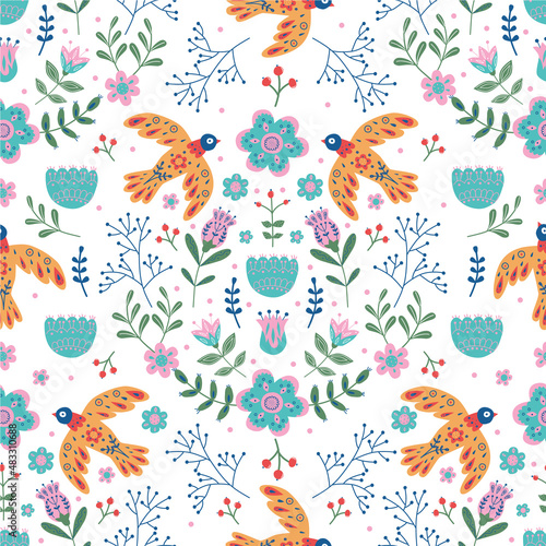 Vector seamless pattern with various birds, flowers and leaves with different folk ornaments. Composition in scandinavan style. Ethnic flat illustration with nordic detailed in trendy colors
