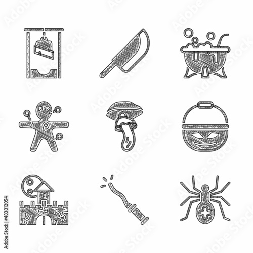 Set Psilocybin mushroom, Magic wand, Spider, Pumpkin basket for sweets, Castle, fortress, Voodoo doll, Halloween witch cauldron and Guillotine icon. Vector