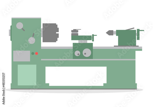 Green modern lathe machine industrial factory on white background flat vector icon design.