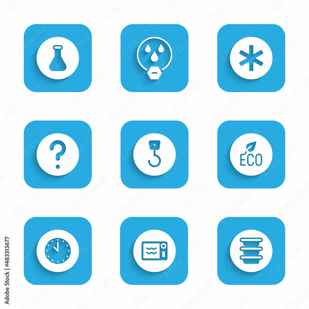 Set Industrial hook, Microwave oven, Bowl, Leaf Eco symbol, Clock, Unknown search, Medical of the Emergency and Test tube and flask icon. Vector Set Industrial hook, Microwave oven, Bowl, Leaf Eco symbol, Clock, Unknown search, Medical of the Emergency and Test tube and flask icon. Vector