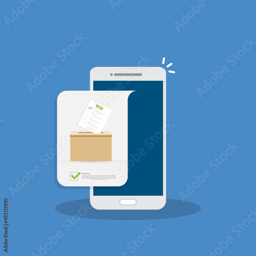 Mobile phone with voting ballot in ballot box. Voting online, e-voting, election internet system. Flat design. Vector illustration	