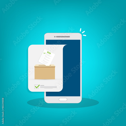 Mobile phone with voting ballot in ballot box. Voting online, e-voting, election internet system. Flat design. Vector illustration	
