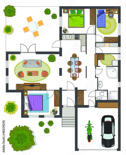 Colorful floor plan of a house.