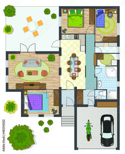 Colorful floor plan of a house.