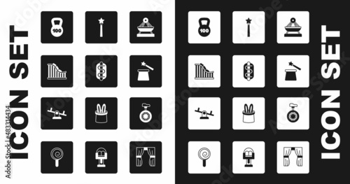 Set Boat swing, Hotdog sandwich, Roller coaster, Weight, Magic hat wand, Unicycle or one wheel bicycle and Seesaw icon. Vector