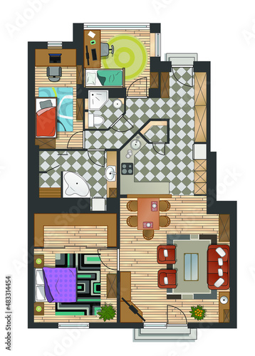 Colorful floor plan of a house.