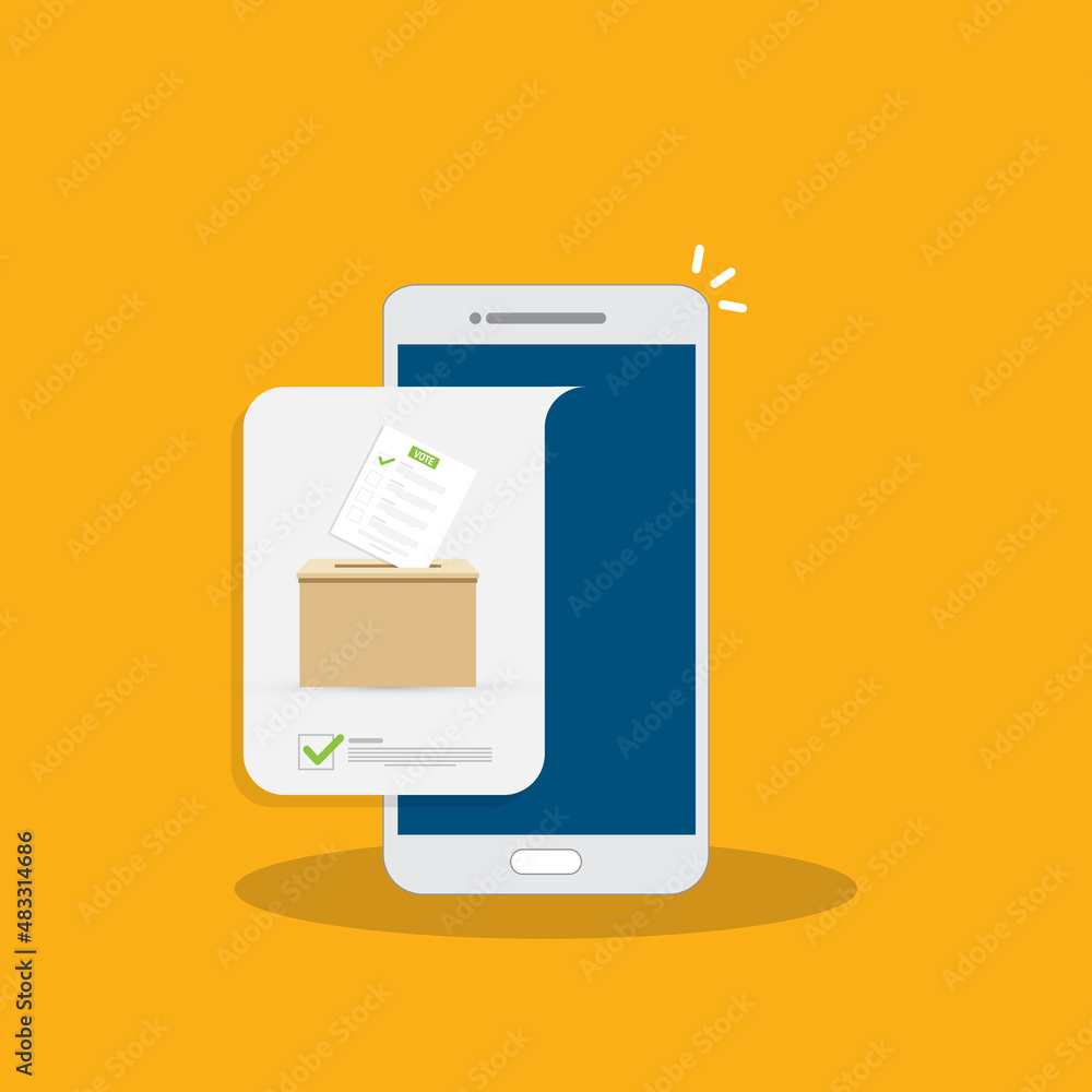 Mobile phone with voting ballot in ballot box. Voting online, e-voting, election internet system. Mobile phone with voting ballot in ballot box. Voting online, e-voting, election internet system.