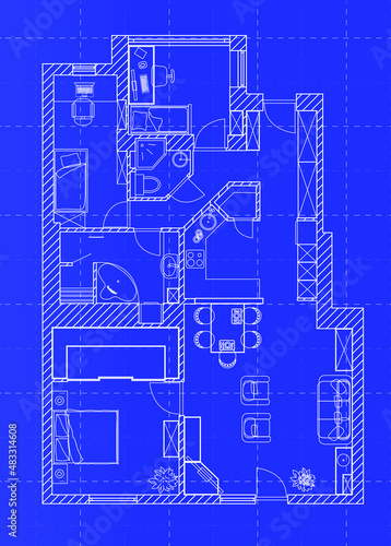 White floor plan sketch of a house on millimeter paper.