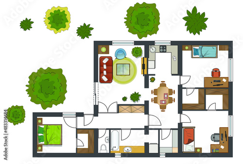 Colorful floor plan of a house.