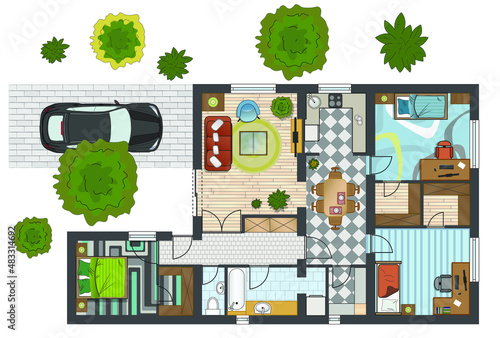 Colorful floor plan of a house.