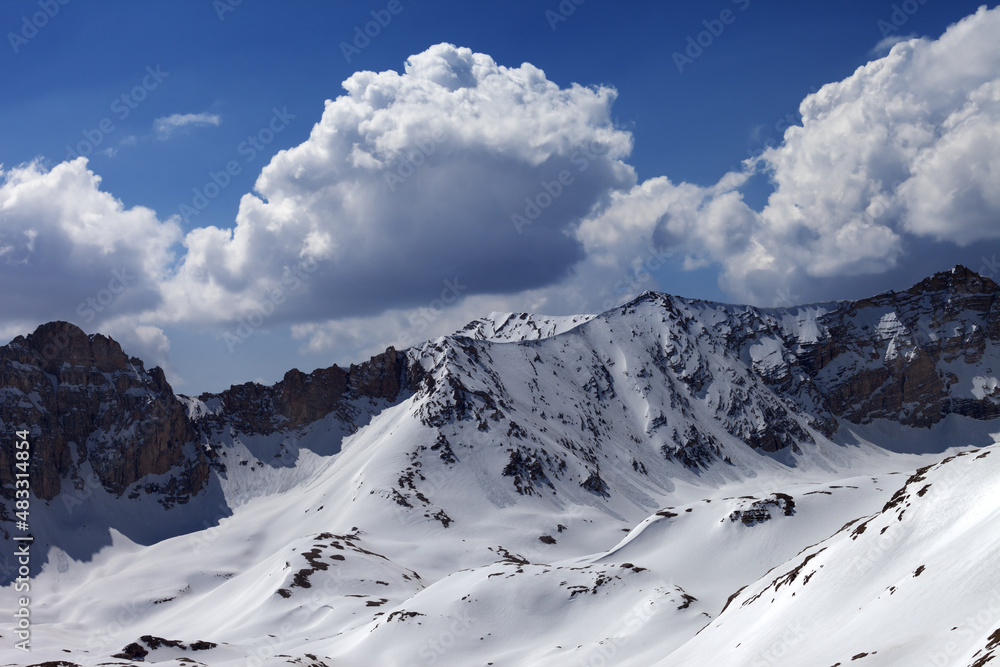 Snowy mountains and blue sky with cloud in sun day