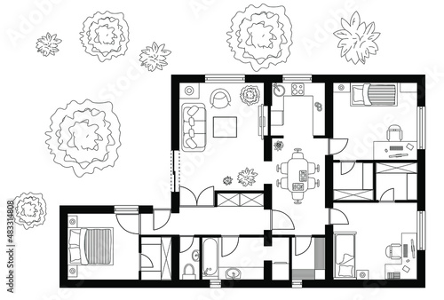 Black and White floor plan of a house.