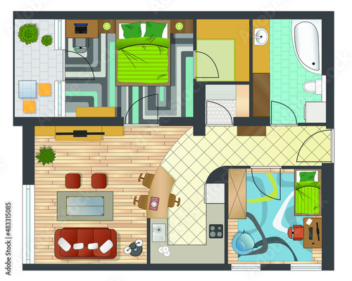 Colorful floor plan of a house.
