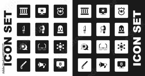 Set Police badge, Footsteps, Military knife, Prison window, Flasher siren, Hexagram sheriff, and icon. Vector