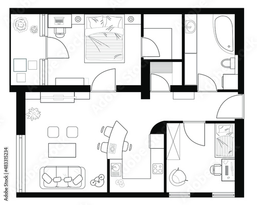 Black and White floor plan of a house.