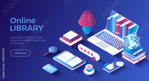 Online library. Electronic books, E-library mobile application, virtual cloud storage, archive. Laptop with books inside, open book on tablet. Isometric landing page. Vector web banner.