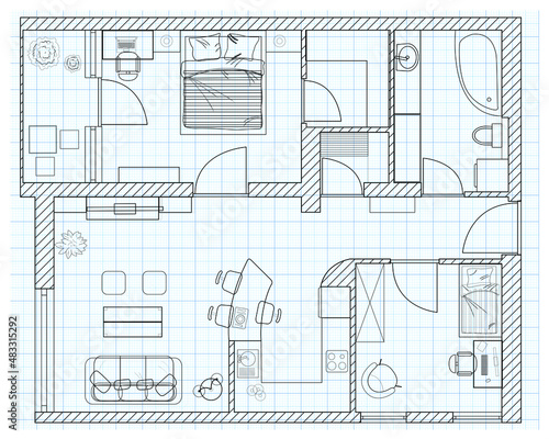 Black and White floor plan sketch of a house on millimeter paper.