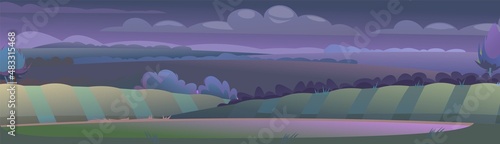 Night rural landscape. Beds at dusk. View of farm garden fields and hills. Flat style cartoon design. Beautiful dark suburban scene. Vector