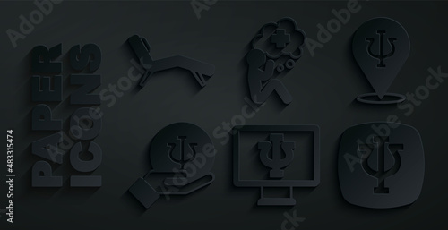 Set Psychologist online, Psychology, Psi, Helping hand and Armchair icon. Vector
