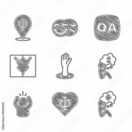 Set Helping hand, Psychology, Psi, Man graves funeral sorrow, Anger, Rorschach test, Question Answer and icon. Vector