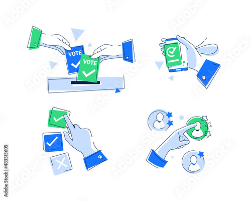 Puts voting ballot in ballot box. Voting and election concept,Clients Choosing Satisfaction Rating and Leaving Positive Review
