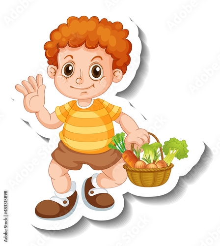 Sticker template with a boy holding vegetabls basket isolated